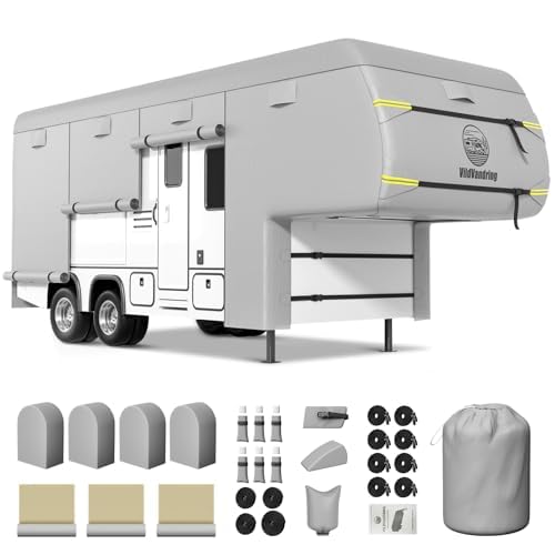 Heavy Duty Travel Trailer 5th Wheel RV Cover 23-26ft, 8 Layers Breathable Waterproof Rip-Stop Camper Cover with Adhesive Repair Patches, Gutter, Tire & Additional Straps