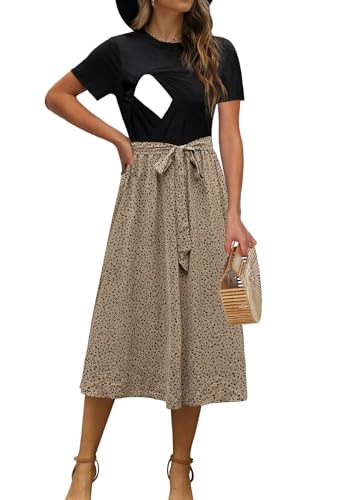 Image of CzzzyL Women Nursing Dress Short Sleeve Floral Patchwork Ribbed Pregnancy Tie Waist Work Outfits Summer