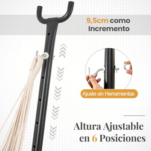COSTWAY Hamaca con Soporte, Silla Colgante Exterior, Altura Ajustable 6 Posiciones y Bolsillo Lateral, Marco Metal, Silla Hamaca Salón Jardín Terraza Balcon Interior Exterior, 160 x 142 x 170 cm - imagen 2