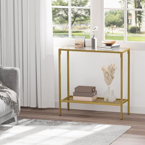 SAYGOER Gold Console Table Small Glass Entryway Table Narrow Sofa Table with Storage, 2 Tier Couch Table Hallway Table for Entry Way Living Room Home Office, Easy Assembly