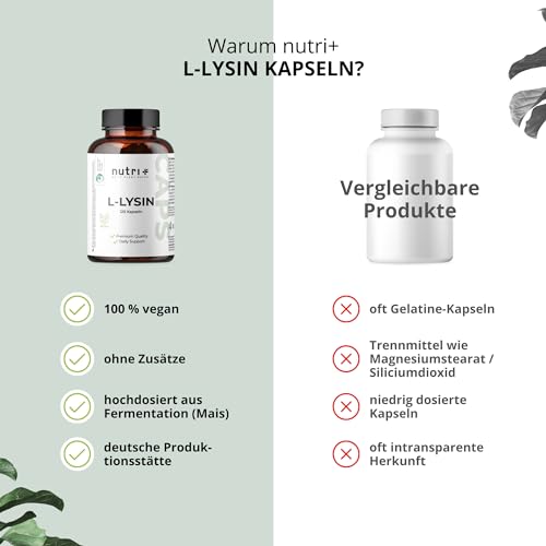 Nutri + L-Lysin Kapseln hochdosiert + vegan - 2200mg pro Tagesdosis - laborgeprüft - 120 Caps je 550mg - Baustein für Kollagen & Bindegewebe