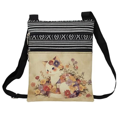 Floral Cat Messenger Bag Small Ethnic Pattern Printed Adjustable Strap Crossbody Zipper Bag Floral Cat Phone Bag Wallet Cute Shoulder Handbag for Women -1