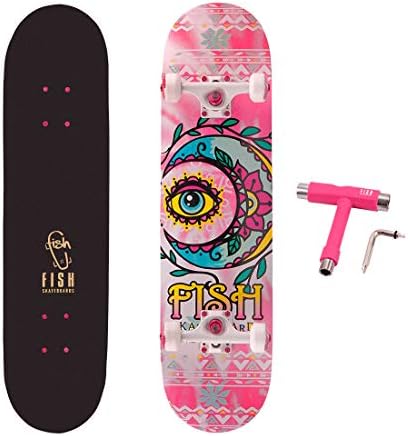 FISH SKATEBOARDS Standard Skateboard, Complete Skateboard 31''x 8'', 7 Layer Canadian Maple Double Kick Deck Concave Cruiser Trick Skateboards for Kids Boys Girls Youths Beginners.