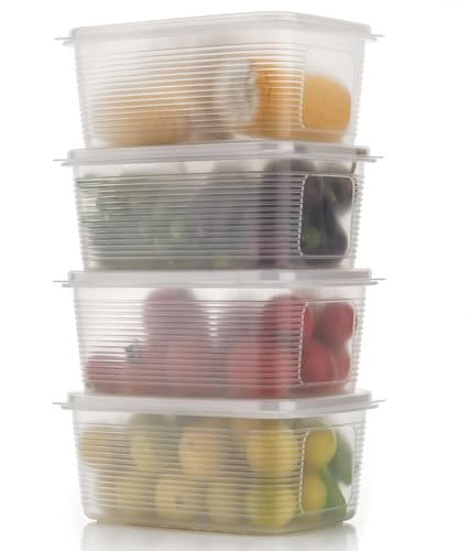 Xiran 4 Fridge Storage Boxes Fridge Organizer with Removable Drain Plate and Lid Stackable Fridge Storage Containers Plastic Freezer Storage Containers for Fish, Meat, Vegetables, Fruits(1800ML)