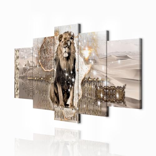 decomonkey Bilder Abstrakt Tiere Löwe 200x100 cm XXL 5 Teilig Leinwandbilder Bild auf Leinwand Wandbild Kunstdruck Wanddeko Wand Wohnzimmer Wanddekoration Deko Afrika Gold