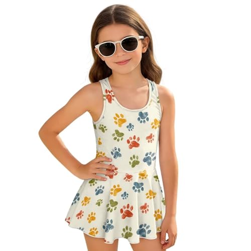 Pugasmiru Colorful Dog Paws Pattern One Piece Swimsuits for Girls Wide Strap Elastic Fit Swim Dress for Girls Hawaiian Skirted Bathing Suit Summer Swimwear