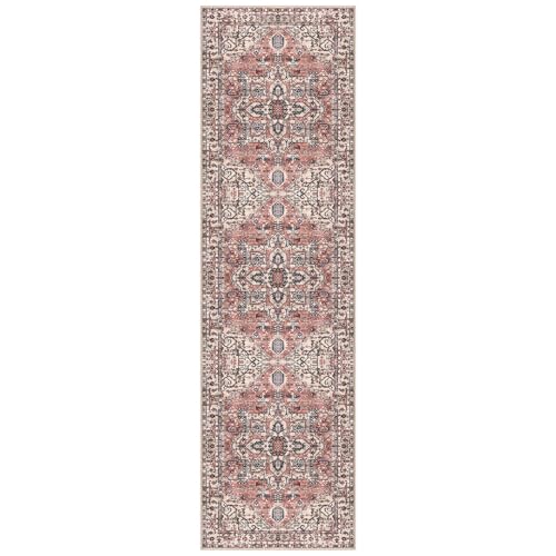 KOZYFLY Runners for Hallways 2x8 Ft Washable Kitchen Runner Rug Boho Entry Rug for Hallways Indoor Printed Faux Wool Long Floor Carpet for Entryway Bedroom Kitchen Hallway, Red Salmon/Pink/Navy by KOZYFLY - Used condition - Image 8