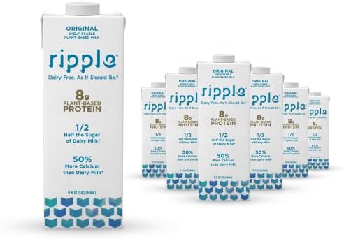 Ripple Non-Dairy Milk, Original| Vegan Milk With 8g Pea Protein| Shelf Stable Single Serve Cartons | On-The-Go | Non-GMO, Plant Based, Gluten Free | 32 oz, Pack of 6