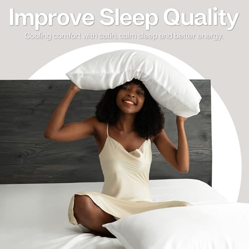 Image of MR&HM Satin Pillowcase for Hair and Skin, Silk Satin Pillowcase 2 Pack, Standard Size Pillow Cases Set of 2, Silky Pillow Cover with Envelope Closure (20x26, Ivory)