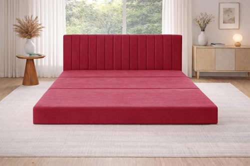 Image of Rosebell -3 Seater Upholstered Armless Sofa Cum Bed with Backrest | Soft Velvet Fabric Finish | Modern Living Room & Bedroom -Red