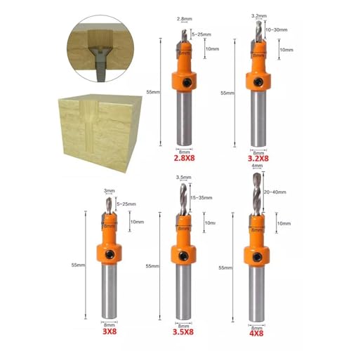 Conjunto de 5 Brocas Escareador com Limitador de Profundidade, 8/10mm, para Madeira