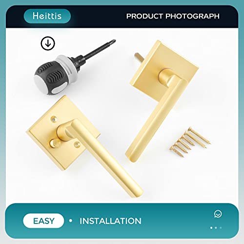 Heittis 1 Pack Door Levers Door Knobs Interior In Satin Brass Finish, Bedroom Bathroom Privacy Door Handles Interior Gold Locksets Keyless, Universal Handing With Square Door Knobs #TOP4