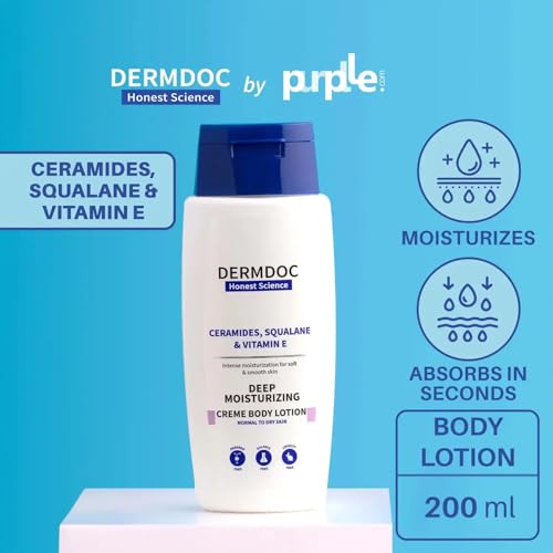 Image of DERMDOC Ceramides, Squalane & Vitamin E Deep Moisturising Creme Body Lotion (200 ml) | body lotion for dry skin | non-greasy moisturizer, quick absorbing, long lasting moisture