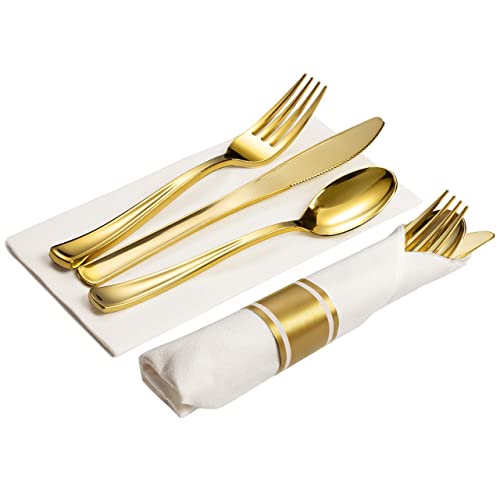 100 Pre Rolled Gold Plastic Silverware - 400Pc Set, Service For 100 - Wrapped Disposable Silverware Set With Forks, Knives, Spoons, White Napkins - Fancy Decorative Flatware For Dinner, Party, Wedding #TOP2