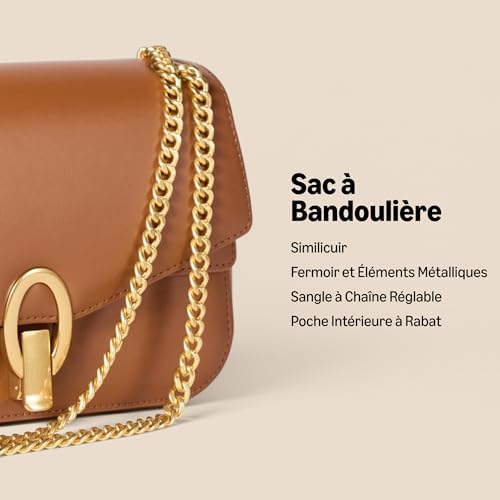 Sac à Bandoulière Femme – Simili Cuir Marron – Chaîne Dorée – Rabat – Taille Moyenne