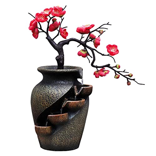 Jarrón Fuente de Habitación Cascada Fuente de Mesa Decoración con Bomba de Agua Mesa Fuente Jarrón Paisaje Marrón Oscuro