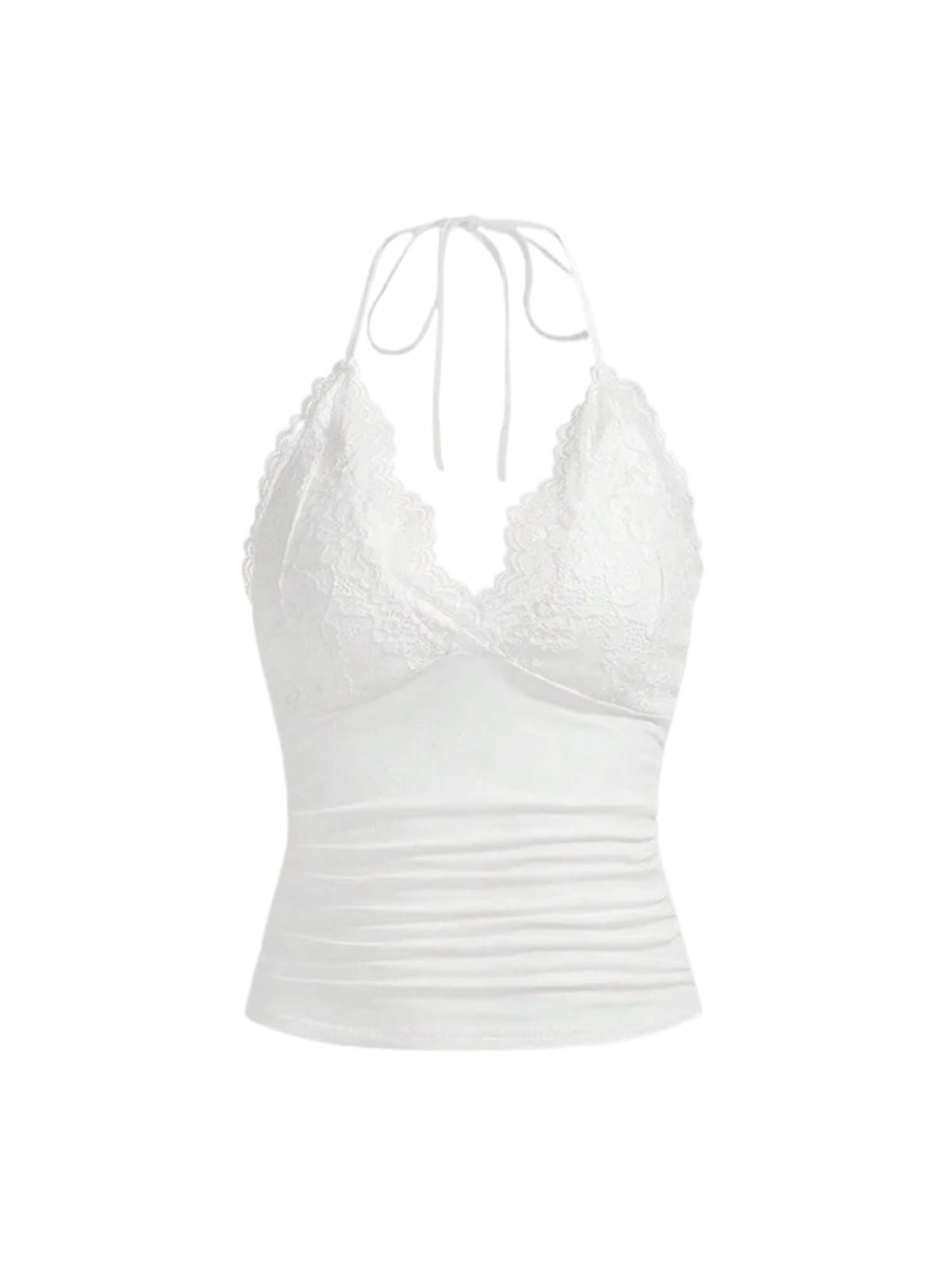 Top Halter Mujer Top sin Espalda de Encaje Negro con Cuello Halter for Mujer, Ropa Calle Mangas Fruncida Lisa, Y2K