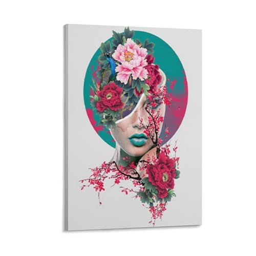 Toile femme fleur rose pour habiller un mur vide avec élégance 40x60cm