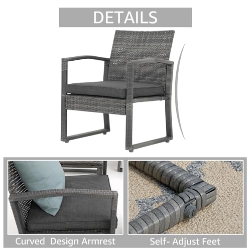 Patiorama 3 Piece Outdoor Patio Furniture Conversation Set, Rattan Chair Set With Coffee Table, For Garden, Balcony, Backyard, Poolside (Dark Grey)