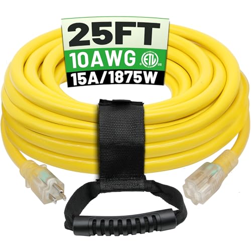 POWGRN 25 Ft 10AWG Outdoor Extension Cord Waterproof Heavy Duty 10 Gauge 3 Prong, Flexible Cold-Resistant Power Cord Indoor & Outside with Lighted Indicator End, 15Amp 1875W SJTW Yellow ETL Listed