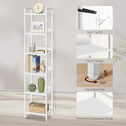 MAHANCRIS Bücherregal, Standregal, Freistehendes Bücherregal, mit 6 Ebenen, 24 x 33 x 157,5 cm, Offene Ablagen für Wohnzimmer, Schlafzimmer, Büro, mit Metallrahmen, Weiß ABKBW6601N1