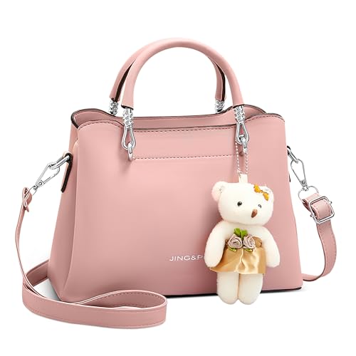 Elegante Donna Piccola Borsa a Mano Moda a Tracolla Tote Borse con Orso Ciondolo a Spalla per Viaggio Lavoro Vacanza Casuale Shopping PU Pelle Messenger Rosa