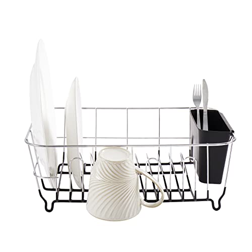 Sweet Home Collection 2 Piece Dish Drying Rack Set Drainer With Utensil Holder Simple Easy To Use Fits In Most Sinks, 14.5" X 13" X 5.25", Black #TOP1