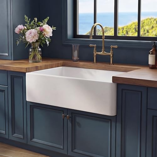 Miuara Farmhouse Sink 30 x 18 Inch White Fireclay Apron Front Kitchen Sink