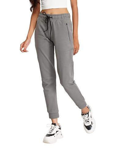 Women's Cotton Fleece Regular Fit Joggers Track Pants with 2 Zippered Pockets