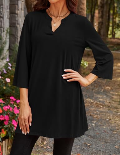 Poetsky Womens Tunic Tops 3/4 Bell Sleeve Loose Fit Tunics Dressy Casual Side Split Flare Top for Leggings3