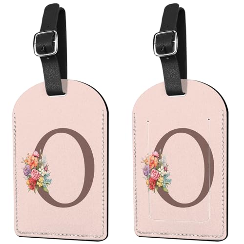 Deokke 2 Pack Luggage Tag Suitcase Tags Initial Letter Monogram PU Leather Cover Aesthetic Cute Monogrammed Travel Bag Labels for Women Girls Men (O)