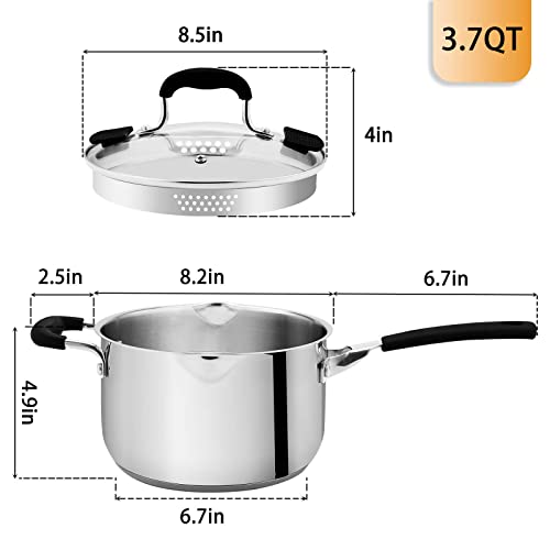 Rorence 3.7 Quart Saucepan with Glass Lid: Stainless Steel Sauce Pan with Two Sides Pour Spout & Riveted Silicone Handles & Build-in Strainer Tempered Glass Cover …