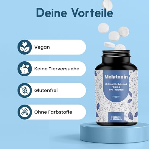 Melatonin Tabletten - 400 Stück mit 0,5mg Melatonin pro Tablette, hochdosiert - vegan und produziert in Deutschland - Verpackung kann variieren