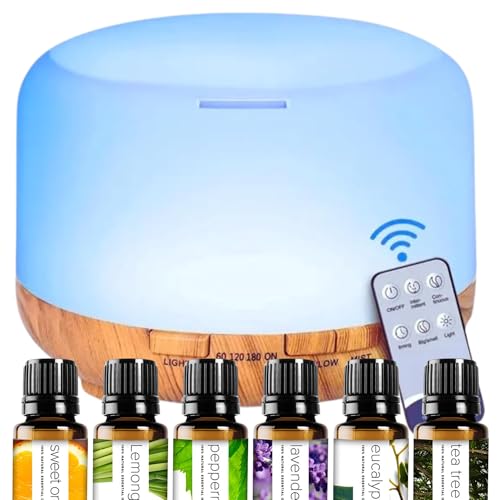 500ml Home/Office Aroma Diffuser, Essential & Fragrant Oil Vaporizer with Multi-Color Lighting for Night Stand, Desk, Table, Remote Control, Timer & Auto-Off Switch, Brown, Premium