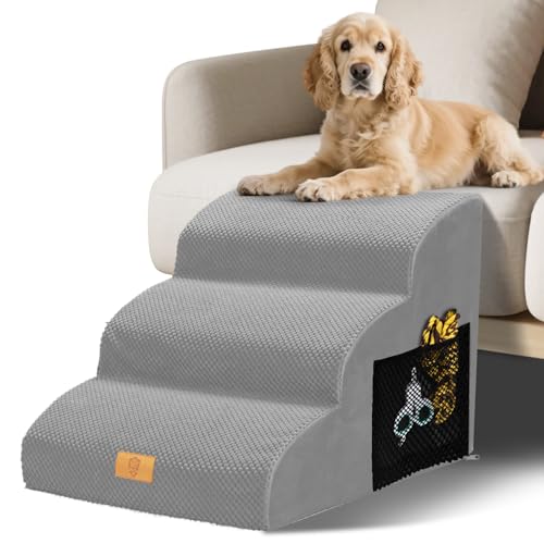 Thihome Hundetreppe für Kleine Hunde, Wasserdicht 3 Stufen Haustiertreppe aus Hochdichtem Schwamm, Abnehmbar Hunderampe mit Waschbar Bezug für Sofa Bett, Grau