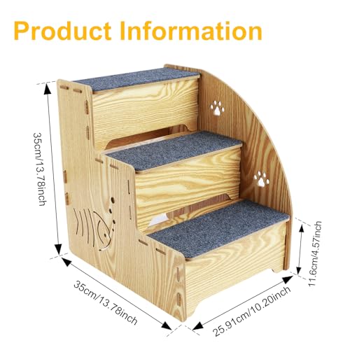 Haustiertreppe,Treppe 3 Stufen,Katzentreppe aus natürlichem Holz,35cm Tiertreppe,Stabil und rutschfest,Katzentreppe Hunderampe für kleine,mittelgroße und große Hunde