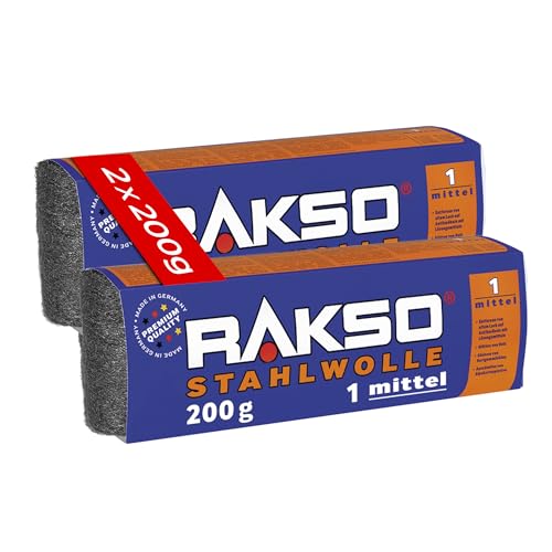 RAKSO Stahlwolle mitte 1-400 g, 2 Banderolen à 200g, glättet Holzoberflächen, entfernt alten Lack v. Antikmöbeln, säubert Hartgummiböden