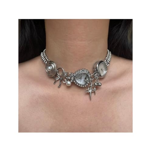 Vintage Watch Pendant Silver Chain Choker Necklace,Pearl Charm Necklace,Heart Watch Charm Necklace,Punk Accessory for Casual4