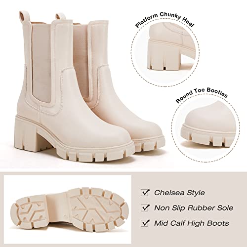 Tinstree Women Mid Calf Boots Low Heel, Women's Lug Sole Platform Boots Mid Calf Elastic Chunky Block Heel Leather Chelsea Booties White,08 #TOP2