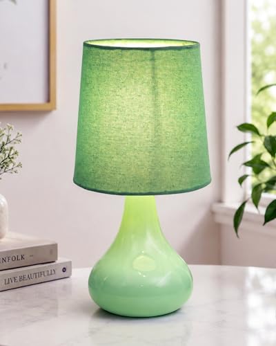 Image of Homesake Modern Small Ceramic LED Table Lamp, Classic Bedside Desk Lamp for Living Room Bedroom, Farmhouse Nightstand Lamps with Fabric Shade (Green)