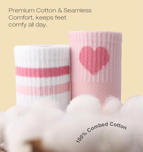 Kids Girls Crew Athletic Socks with Hearts Soft Cotton Striped Girls Socks Ankle Socks for Running Sport 4-10 Years4