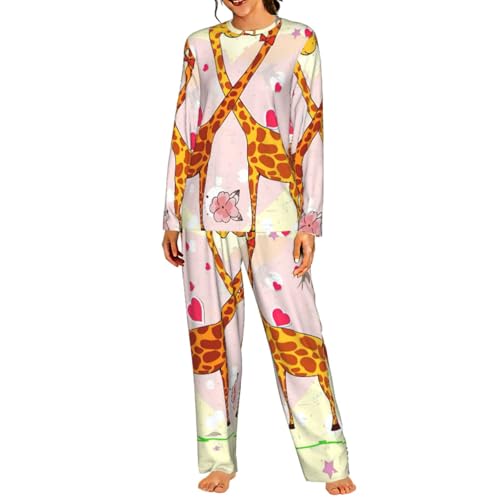 Pyjama assorti femme manches longues imprimé girafe doux fleur