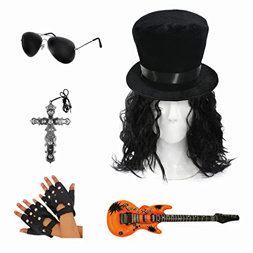 Adults\' 80s Rock Star Accessory Set: Black Top Hat, Wig, Su