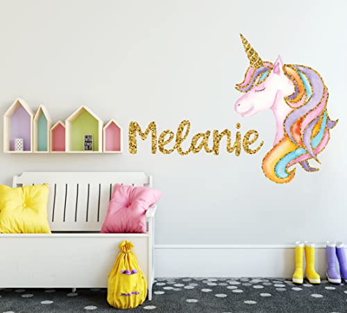 Custom Name Wall Decor For Girls - Unicorn Wall Decals - Gold Glitter Unicorn Wall Art - Personalized Name Decal - Baby Girl Wall Decor - Rainbow Wall Decal Sticker #TOP6