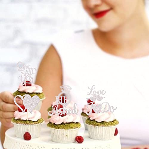 36 Pack He Asked She Said Yes Cupcake Toppers Glitter Love Heart I Do Ring Bridal Shower Cake Food Picks Decorations For Wedding Engagement Theme Party Supplies Silver #TOP6