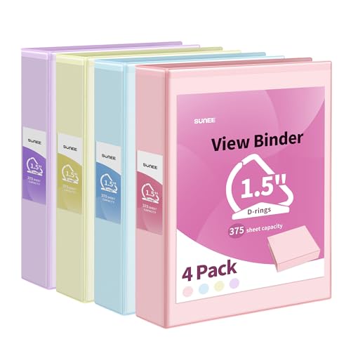SUNEE 3 Ring Binder 1.5 Inch D Ring, Clear View Binder Three Ring PVC-Free (Fit 8.5x11 Inches) for School Binder or Office Binder Supplies, Assorted Pastel Binder, 4 Pack