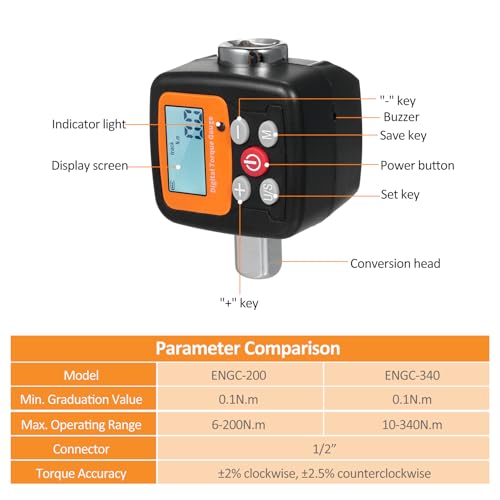 VISLONE Digital Display Torque Meter Wrench Torque Tester 1/2'' Drive with Sound Light Alarm Function High Accuracy 4 Torque Units Backlit Display - Image 2