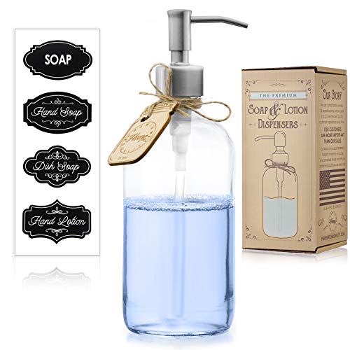Dish Soap Dispenser for Kitchen Countertop - Liquid Hand Soap Dispenser for Bathroom - Perfect for Lotion, Oils, Mouthwash - Waterproof Chalk Labels (Brushed Nickel Pump, Clear Thick Glass, 16 oz)