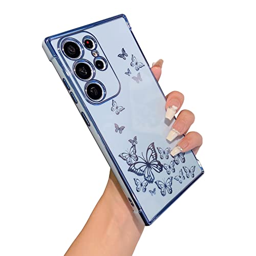 ZTOFERA Case for Samsung S23 Ultra 5G, Plating Butterfly Pattern Case with Electroplate Golden Edging, Flexible TPU Protective Shockproof Bumper Cover for Samsung Galaxy S23 Ultra - Sierra Blue