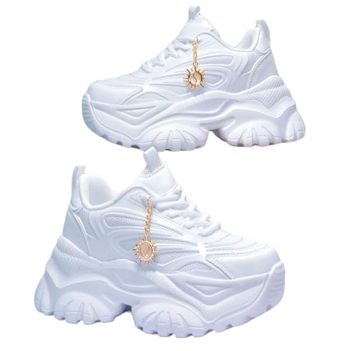 Women's Trendy Sneakers with Gold Sun Charm Platform Thick-Sole 2.75-inch Height Boost Stylish Streetwear Cushioned Comfort for Daily Wear + Non-Slip & Shock-Absorbing